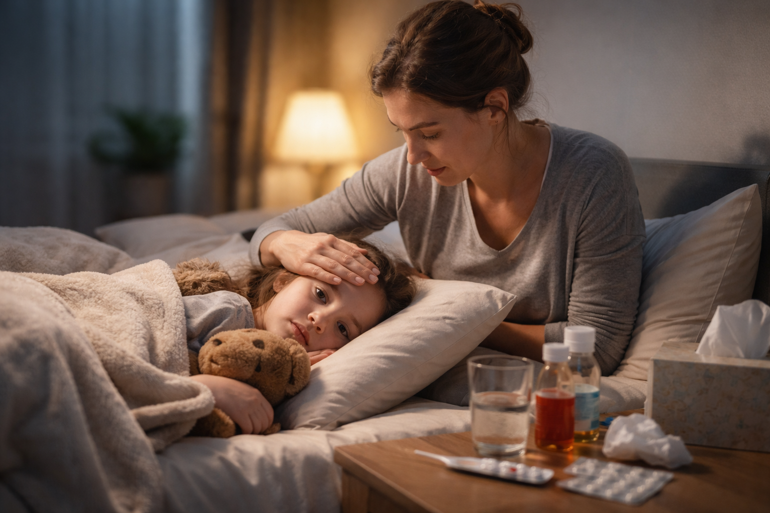 KidCare Tracker app showing a nighttime fever timeline with temperatures and medicine doses